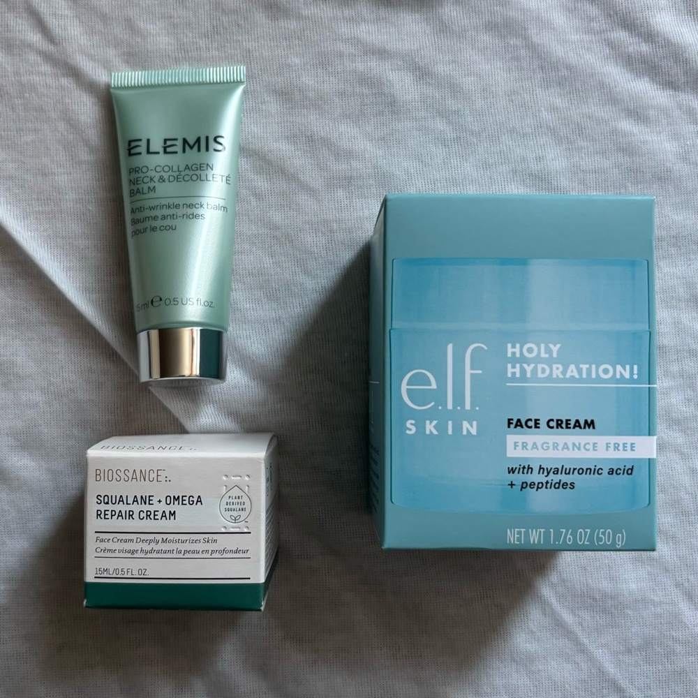Bundle of 3 New Moisturizing Face Creams / Balm (Biossance, Elemis, e.l.f.)
